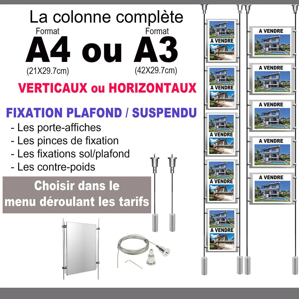 Porte-affiches fixation plafond et suspendu - Enseigne boutique Fabricant d'enseignes lumineuses Porte-affiches fixation plafond et suspendu